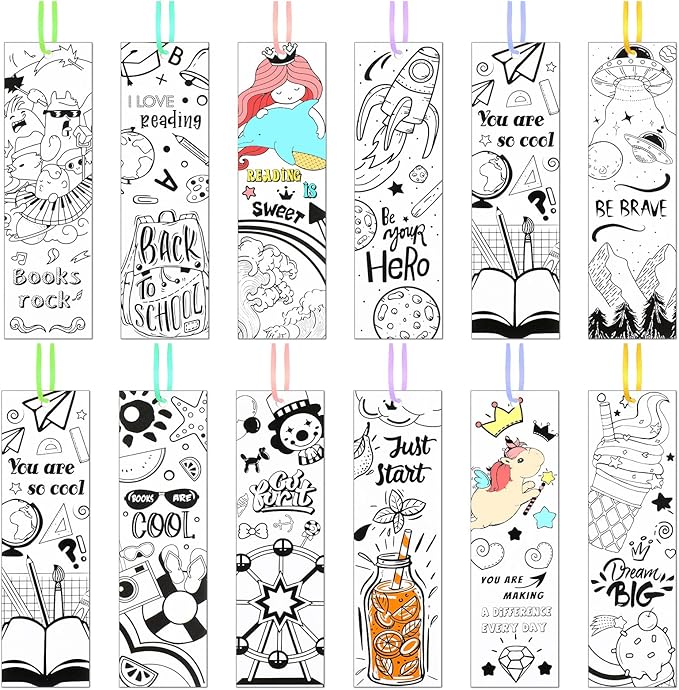Outus 108 Pcs Color Your Own Bookmarks Inspirational Bookmarks, DIY Motivational Coloring Blank Paper Book Marks Birthday DIY Supplies