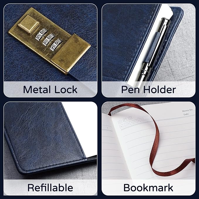 WEMATE Diary with Lock, A5 PU Leather Journal with Lock 240 Pages, Vintage Lock Journal Password Protected Notebook with Pen & Gift Box, Lock Diary Planner Organizer for Men and Women, 8.6x5.8in