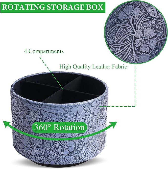 Round Leather Art Supply Organizer,Remote Control Holder,360-degree Rotating Pen Organizer with 4 Compartments(1-Butterfly Blue2)