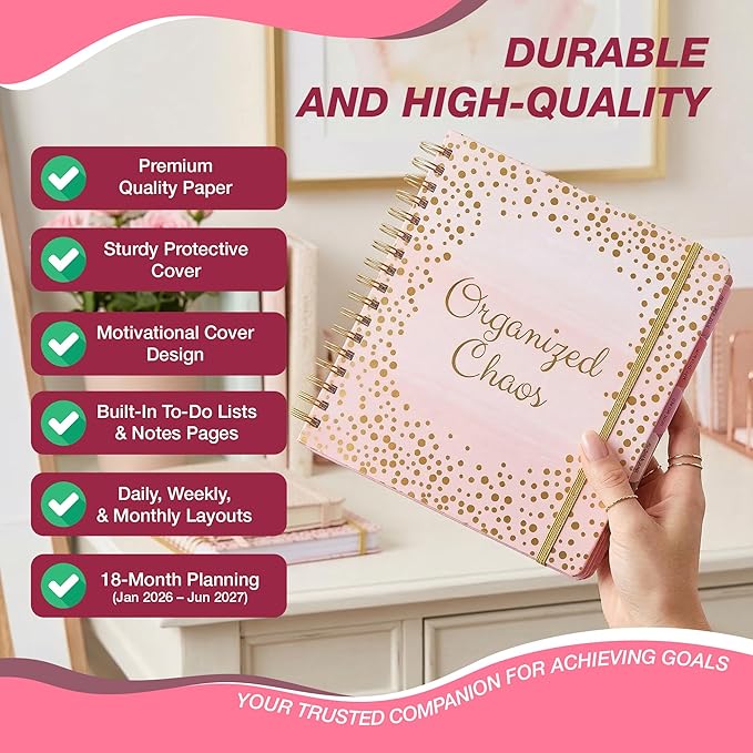 Votum 18 Month Hard Cover Planners/Calendars 10" x 10", January 2026 - June 2027 - Daily, Weekly & Monthly Organizer with Pens, Stickers, Sticky Notes, and a Sturdy Cover - Organized Chaos