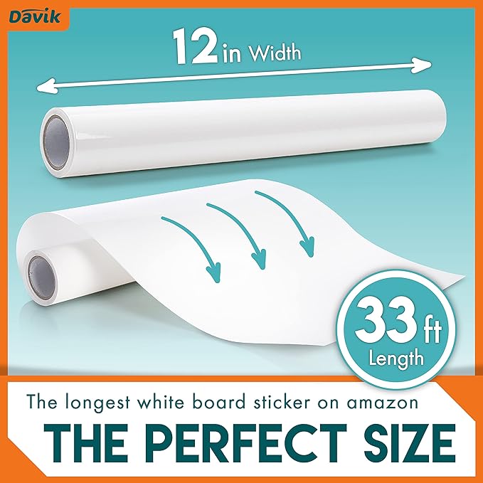 Undo White Board Sticker, Easy Cut and Set Up Dry Erase Board for Wall Art or Classroom Decor, Office and School Supplies, 12 Inches by 33 feet - Davik