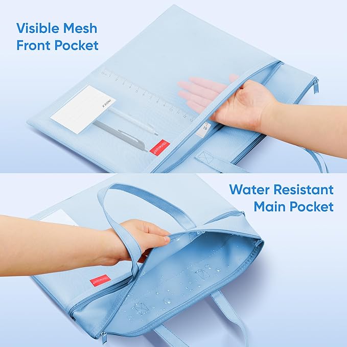 Wisdompro Waterproof Zipper Pouch, Large Mesh File Bag with Handle, Durable Triple Pocket Document Storage for Cross Stitch, Puzzle Project, Travel and Office - Blue