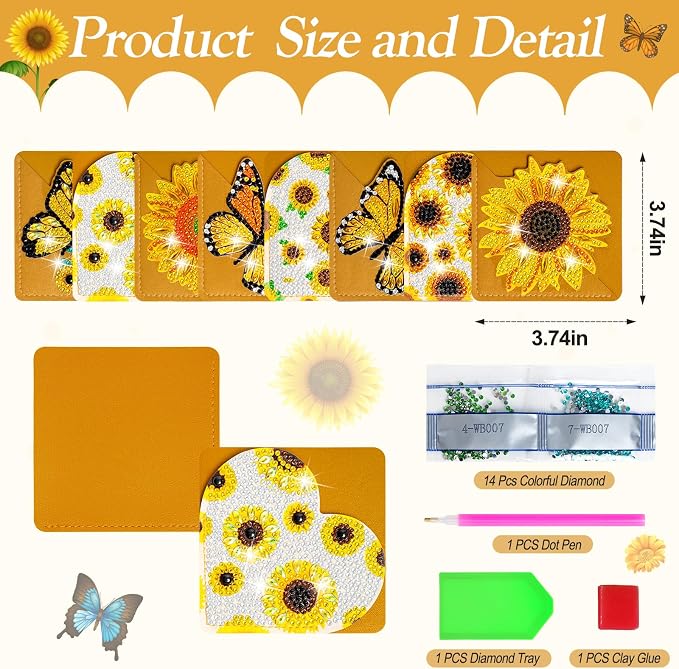 WIVICO 8 pcs Diamond Painting Bookmarks, DIY Diamond Art Kits for Adults, Book Corner - Protecting Bookmark Craft Supplies Kits for Book Lovers（Sunflower）