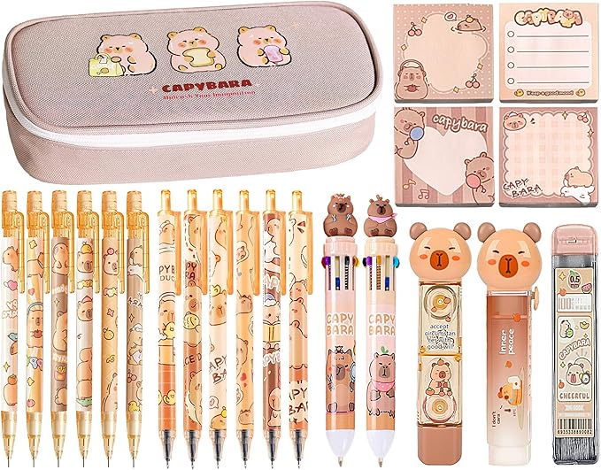 Cute Capybara School Supplies Stationery Set Kawaii Stationery Birthday Gifts Includes Eraser Mechanical Pencils Erasers Correction Tape Pencil Holder Gel Pens,for Office School Supplies