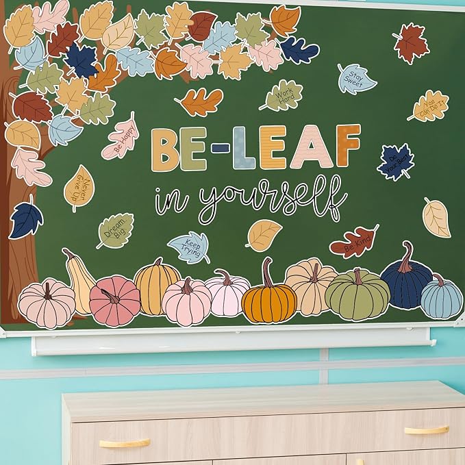 JarThenaAMCS 73Pcs Fall Tree Bulletin Board Decoration Inspirational Boho Colorful Maple Leaf Pumpkin Cutouts for Autumn Thanksgiving Classroom Wall Chalkboard Decor
