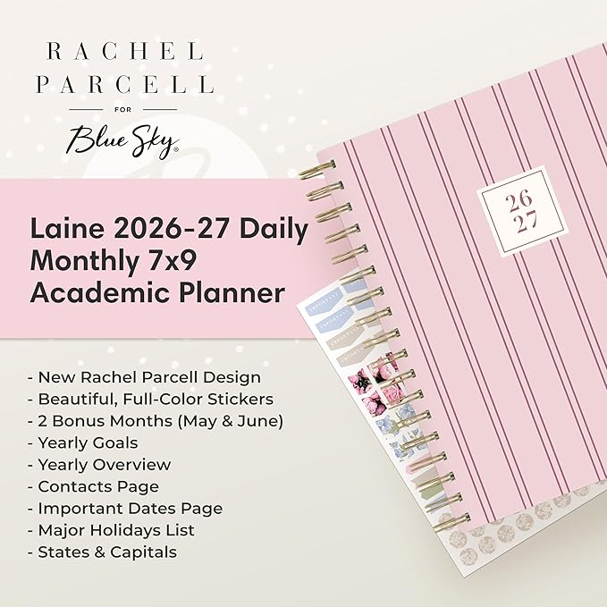 Blue Sky Rachel Parcell 2026-2027 Daily and Monthly Academic Year Planner Calendar, July 2026 - June 2027, 7" x 9", Laminated Cover, Wirebound, Laminated Tabs, Storage Pocket, Includes Stickers, Laine Pink