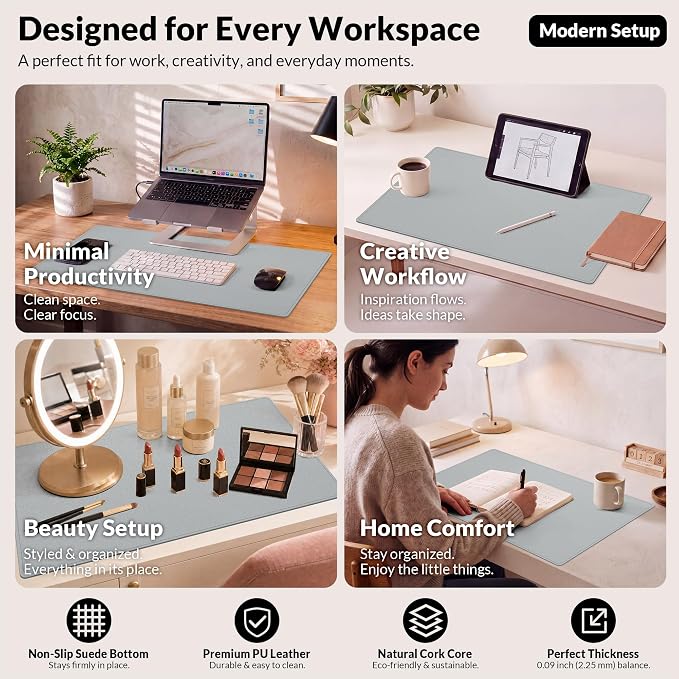 AFIING Cork Desk Mat, 35.4" x 17", Light Grey,Desk pad Protector | Dual-Sided Cork & PU Leather, Large Mouse Pad, Non-Slip & Waterproof