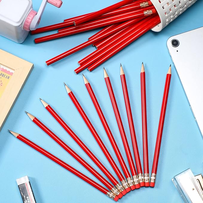 Outus 24 Pieces Round Pencils HB Graphite Pencils Wood Pencils with Eraser Cute Pencil Pack for School Drawing Sketching Wedding Office Supplies(Red)
