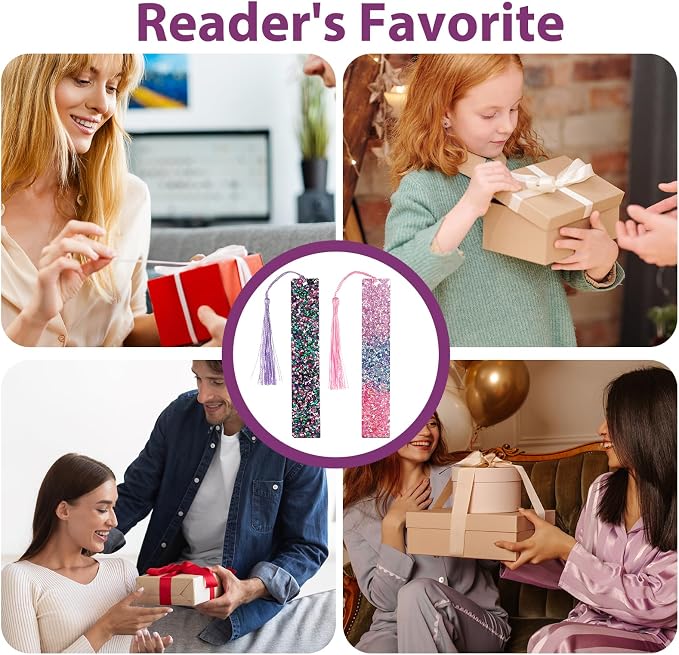 2 Pcs Tassel Bookmarks Girls Resin Glitter Bookmarks for Women Pink Purple Glitter Acrylic Bookmark with Colorful Silk Tassels for Women Girls Book Lovers Reading Presents