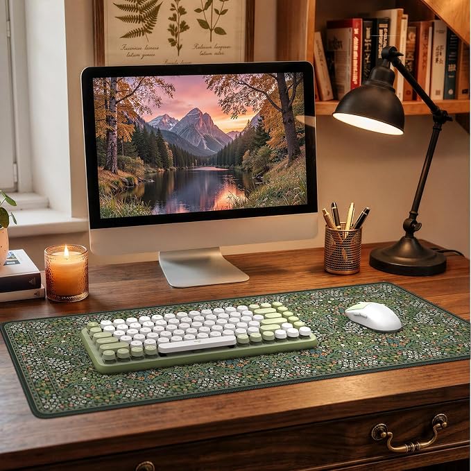 iCasso Aesthetic Floral Desk Mat, L Mouse Pads, Anti-Slip Mousepad with Stitched Edges, Waterproof Computer Pad 11.8"x31.5", Desk Accessories Office Decor for Women(Retro Green)
