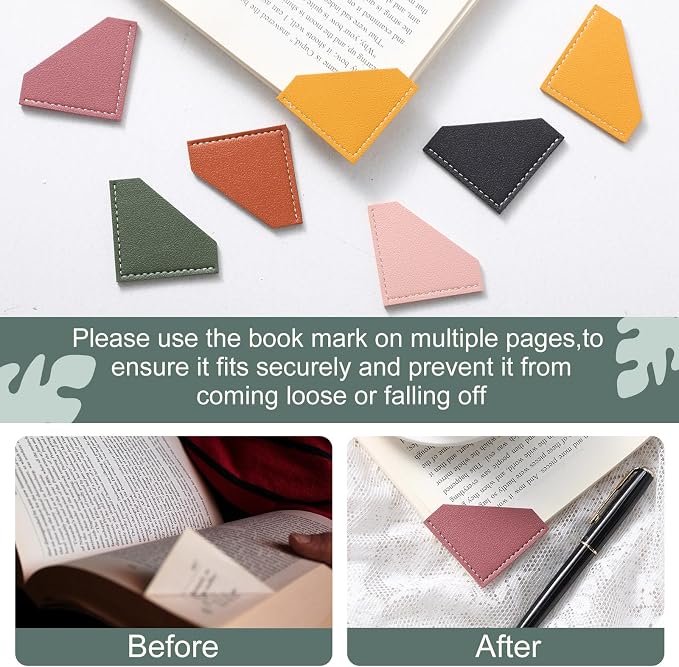 AmazingSpark 36 Pcs Leather Corner Bookmarks Diamond Shape Handmade Reading Gifts for Women Book Lovers Teachers Students School Office Home Supplies, 6 Colors
