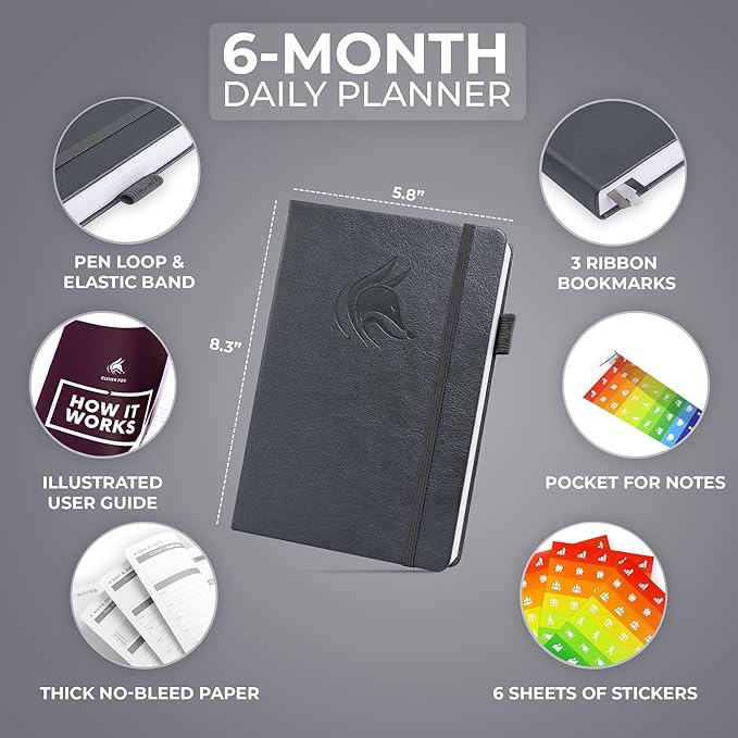 Clever Fox Daily Planner – Undated Planning Notebook with Hourly Schedule & To-Do List – Personal Day Task & Work Organizer, 6 Months (Silver Black)