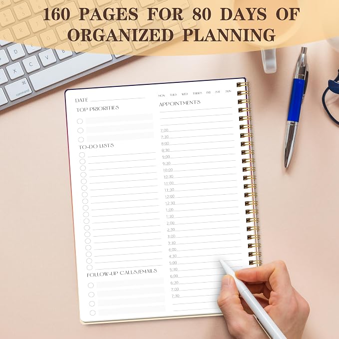 Undated Daily Planner Notebook, 80-Day To Do List Organizer with Hourly Schedule, Day on a Page Agenda Journal for Work, Life Tasks, Women and Men