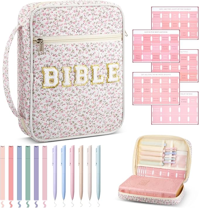 Sinload Quilted Bible Cover Case for Women Large Carrying Bag with Organizer Tabs 6 Colored Pens 6 Highlighters Book Tote Bags with Handle Bible Carry Supplies Christian Gifts(Pink Ditsy Floral)