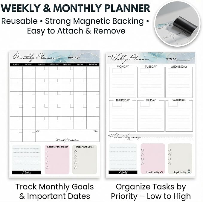 Gold Magnetic Dry Erase Whiteboard 12 x 16 Double Sided, Portable Planner Board with Weekly Monthly Sheets, Write and Wipe to Do List Board, Includes 3 Markers Eraser 2 Magnets