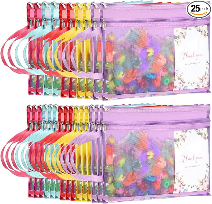 Marspark 25 Pack Colored Mesh Zipper Pouch Bags Double Layer Nylon Puzzle Bags A4 Zipper Pouch with Handle for Toy Organizer Storage School Office (Purple, Blue, Watermelon Red, Yellow, Rose Red)