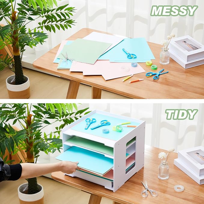 Juexica 5 Tier Scrapbook Paper Organizer 11 x 12.6 x 12.6 Inch Stackable Paper Storage Holder for Desk Desktop File Organizer for Home Office Classroom School