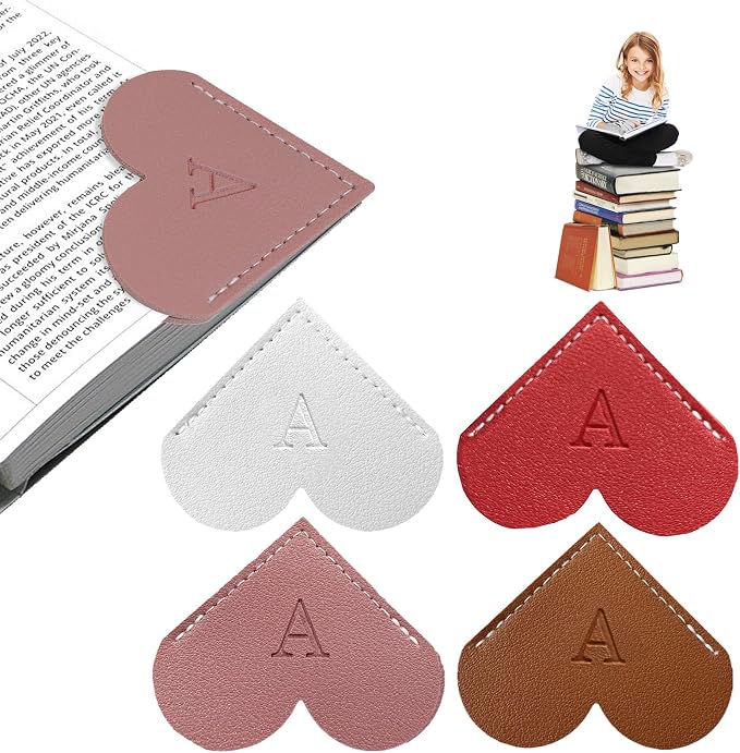 4Pcs Personalized Leather Heart Bookmark with Initial, 26 Letters Custom Corner Page Book Mark for Reading Women, Book Lovers, Teachers, Students, Book Accessories(White+Red+Dark Pink+Dark Brown, B)