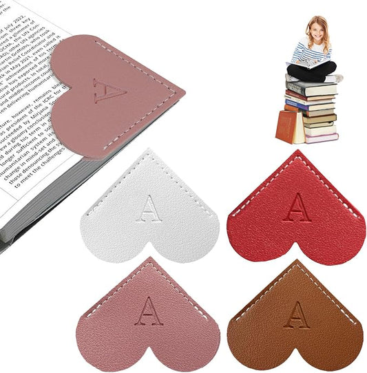 4Pcs Personalized Leather Heart Bookmark with Initial, 26 Letters Custom Corner Page Book Mark for Reading Women, Book Lovers, Teachers, Students, Book Accessories(White+Red+Dark Pink+Dark Brown, B)