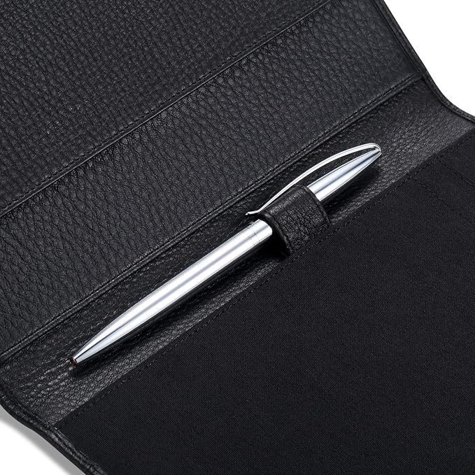 Leather Junior Padfolio for Men & Women with Pen Loop, Italian Calfskin, Business Portfolio Notebook Folder (Pebbled Black)
