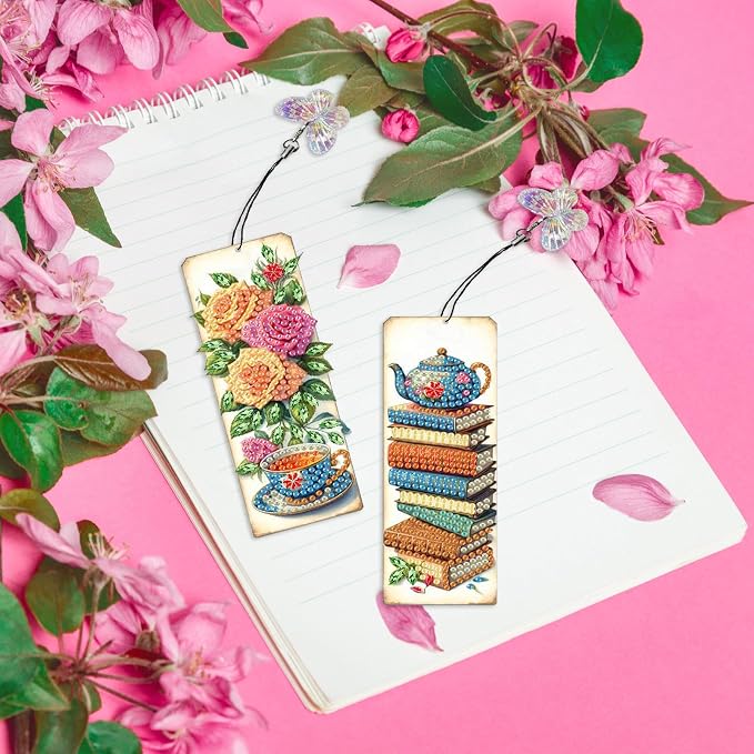 ARTopet 3Pcs DIY Diamond Art Painting Bookmarks with Colorful Butterfly Pendant PET Bookmark Ornament Double Sided Pattern Single Sided Diamond Book Marker Clip Gifts Tags-Rose