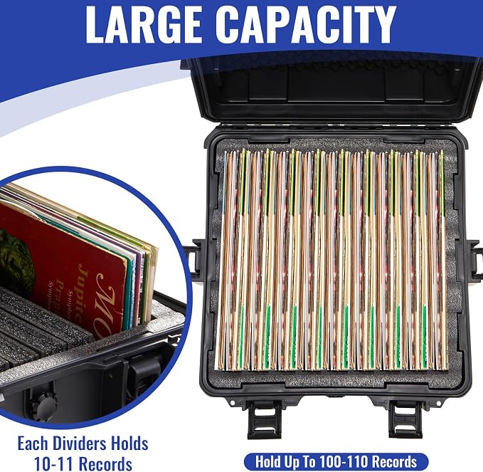 Stackable Vinyl Record Storage Case Box Holds 110 Records | High-Density Protective Foam | Hard Shell Storage Crate with Lid & Handles | Valuable LP Albums Organizer Cases Collection 7/10/12 Inch