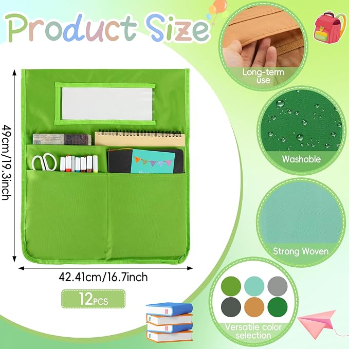 gisgfim 12 Pcs Chair Pockets for Classroom 16.7 x 19.3 Inch s with Name Tag Chairback 3 Pockets Chairs Seat Back Organizer for Elementary School Daycare Home Supply (Greenery)