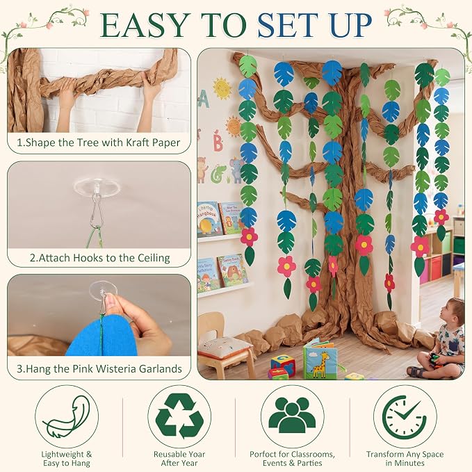 Suncalla Classroom Tree Bulletin Board Set DIY 3D Classroom Ceiling Wall Decor with Kraft Paper & Mounted Traceless Hooks for Jungle Safari Hawaiian Luau Party Supplies(Palm Leaves)