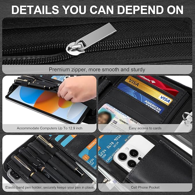 IVGHV Portfolio Binder Organizer Portfolio Folder for Men Faux Leather Padfolio for Women - 3 Ring Binder with Handle & Clipboard, A4 Size Business Padfolio Folder for Resume Conference (Black)