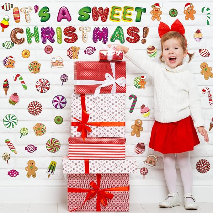 Marspark 68 Pcs Candy Land Cutouts Christmas Bulletin Border Decoration Peppermint Lollipop Round Gingerbread Man Wall Cutouts It's a Sweet Christmas Decor for Classroom Holiday