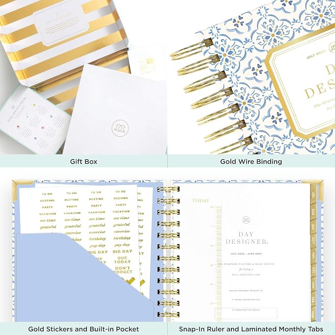 Day Designer 2026-2027 Mini Daily Academic Year Planner Calendar, July 2026 - June 2027, 6" x 8.125", Glossy Laminated Cover, Wirebound, Laminated Tabs, Storage Pocket, Includes Stickers & Snap-In Ruler, Casa Bella