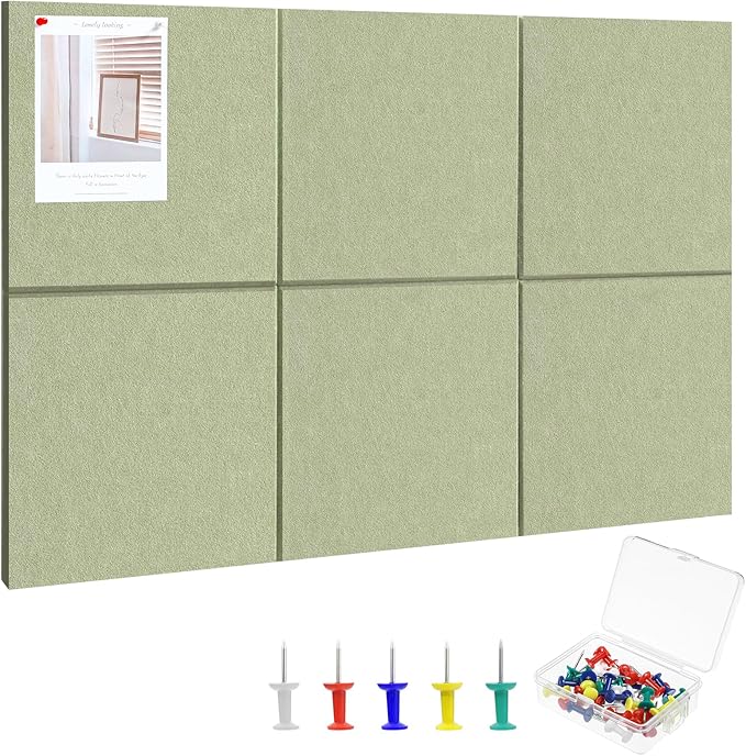 Thboxes Large Cork Board 36" x 24", 6 Pack Felt Wall Tiles with Colored Pushpins, Bulletin Board with 40 Safe Removable Adhesive Tabs, Pin Board Cork Boards for Walls Home Office Decor - Sage