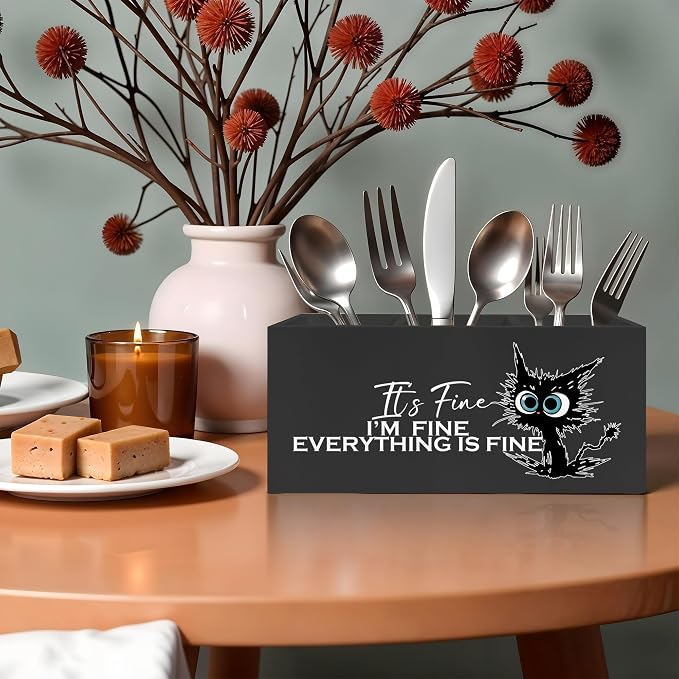 Funny Cute Black Cat Pencil Pen Holder for Desk, I'm Fine Everything Is Fine Wooden Pencil Holder Organizer for Home Office Desk Accessories, Funny Office Gifts for Coworkers, funny cat gifts