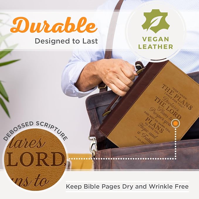 Christian Art Gifts Classic Vegan Leather Bible Cover for Men & Women: Hope & Future Encouraging Scripture Verse, Debossed Design, Sturdy Easy Carry Case, Pockets, Pen Loops Storage, Brown/Tan, Large