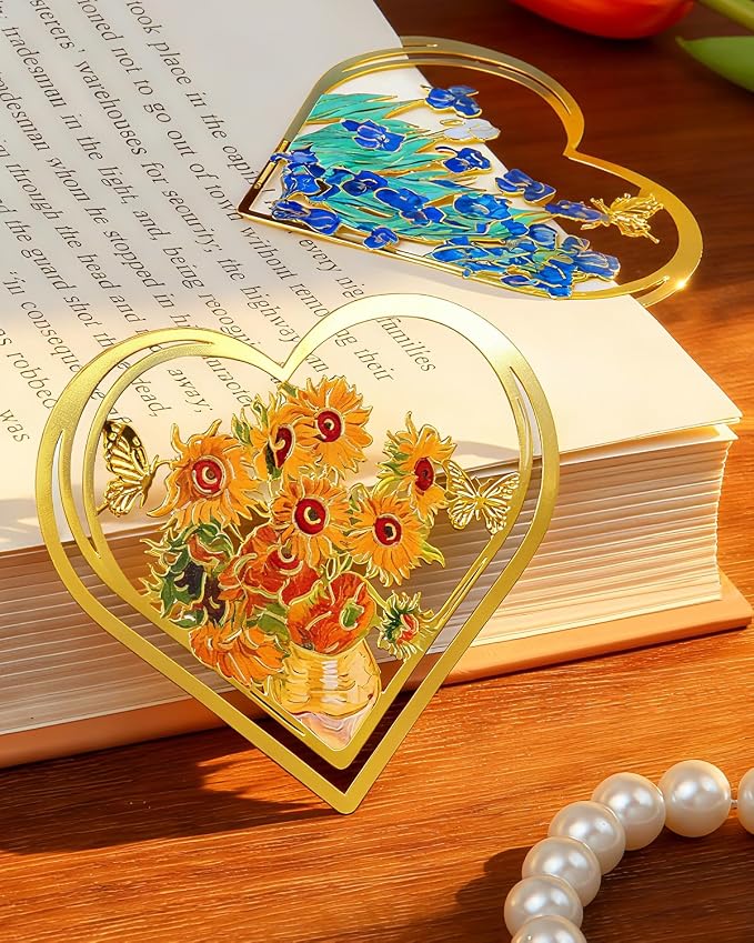 6pcs Metal Clip Heart Bookmarks for Reading Women,Van Gogh Monet Oil Painting Theme Cute Butterfly Hollow Corner Page Book Marks for Women,Teachers,Students,Reading Accessories for Book Lovers