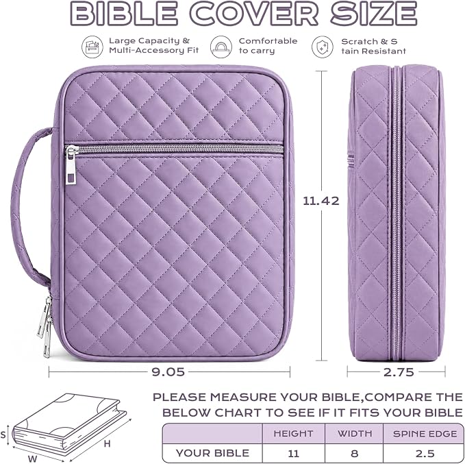 XKDOUS Quilted Bible Cover Case with Bible Study Accessories Kit, Waterproof Large Capacity Bible Bag for Women, Portable for Church Study, Multiple Morandi Color Options (Dusty Lavender)