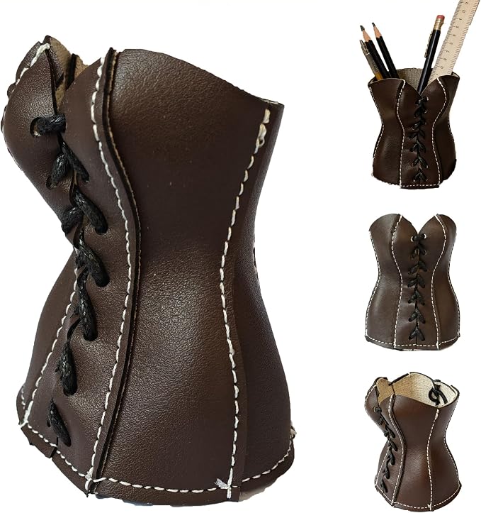 Faux Leather Lace-Up Corset Pencil Holder – Gothic Y2K Desk Pen Cup Makeup Brush Organizer Mini Storage for Home Office, Deep Brown