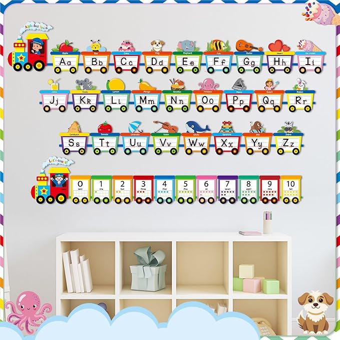 Train Alphabet Number for Classroom Wall Train Shaped Bulletin Board Manuscript Educational Cards ABC Letters Numbers Shapes Colors Poster for Preschool Elementary Early Learning Decor