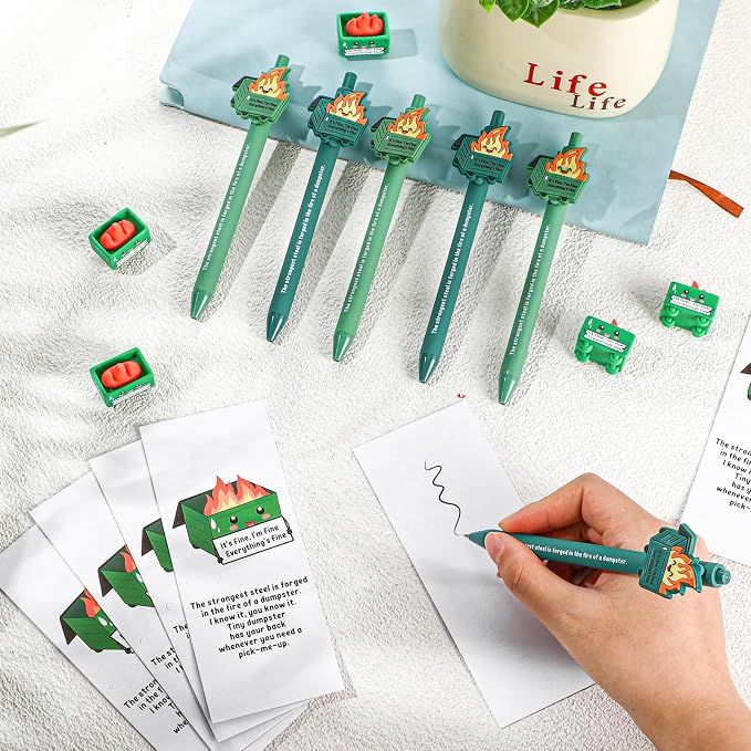 Sayglossy 24 Set Dumpster Funny Desk Accessorie Employee Appreciation Bulk Teacher Graduation End of Year Positive Coworker CNA Nurse Thank You Inspirational Pen Mini Figurine Card Bookmark (Green)