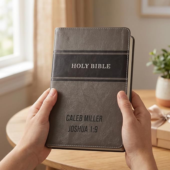 Printualist Personalized KJV Deluxe Holy Bible with Name Engraved, Red Letter King James Version, Faux Leather Gray Cover, Custom Gift Bible for Christian Celebrations