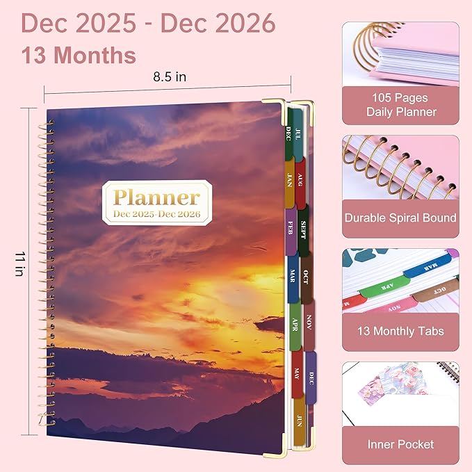 Yoment 2026 Planner Weekly and Monthly 8.5"x11" Large Hardcover Planner from Dec 2025 - Dec 2026 13 Months Calendar Academic Planners for Women Men Agenda Daily Weekly Yearly Planning with Tabs, Cloud