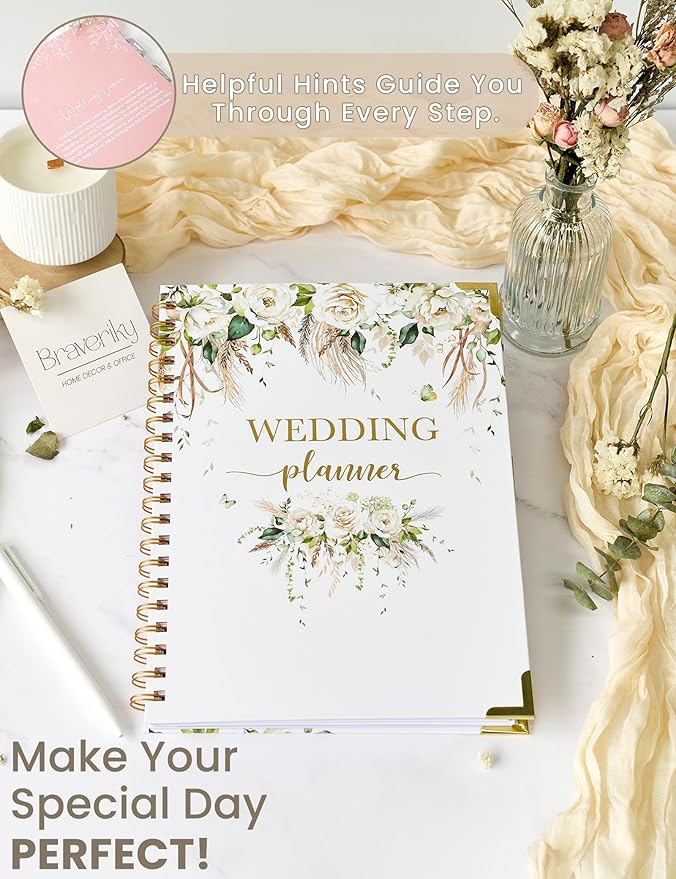 Boho Wedding Planner Book and Organizer, Bridal Wedding Planning Binder with Tabs, Pockets, Checklists, Calendars, Engagement Gift for Newly Engaged Couples, 8x10.8"