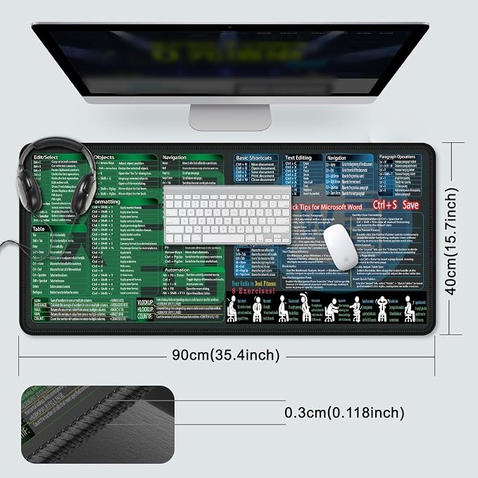 secret corner excel&Word Cheat Sheet Mousepad,XXL 35.4"x15.7" Office Desk Accessories mat, Computer Mouse pad,Extra Large Office Keyboard Shortcuts Mouse Pad,PC Gaming Non-Slip Desk pad