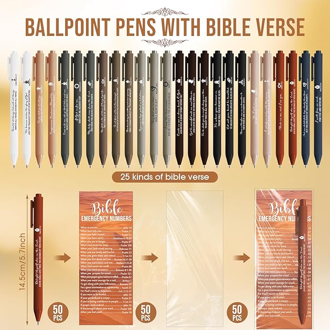 Feifeiya 50 Sets Christian Fathers Day Gifts Bulk Religious Pens Bible Verse Emergency Numbers Bookmark Scripture Catholic Gift for Women Men Church Welcome Sunday School(Neutral Color,English)