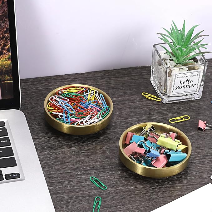 BTSKY 2 Pack Flat Golden Paper Clip Holder, Stackable Desk Organizer Metal Storage Bowl for Small Office Supplies Paper Clips & Tiny Parts, Cute Round Jewelry Storage for Office Bathroom Vanity