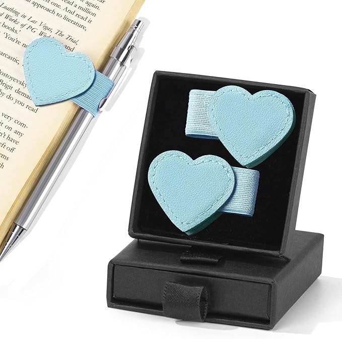 2Pcs Magnetic Leather Heart Bookmarks with Pen Holder, Cute Book Markers Clip with Gift Box, Reading Accessories for Book Lovers Women Teachers Students, Light Blue