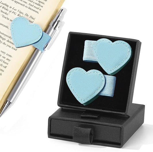 2Pcs Magnetic Leather Heart Bookmarks with Pen Holder, Cute Book Markers Clip with Gift Box, Reading Accessories for Book Lovers Women Teachers Students, Light Blue