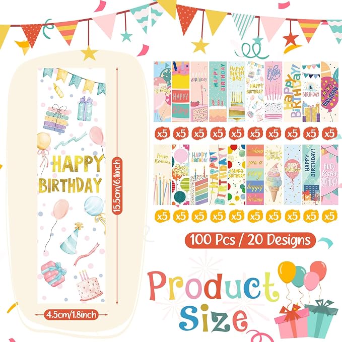 Skyygemm 100 Pcs Happy Birthday Bookmarks Bulk Happy Birthday Classroom Gifts for Kids Students Teacher Reward Back to School Birthday Party Favors Classroom Stationery Supplies(Sweet)