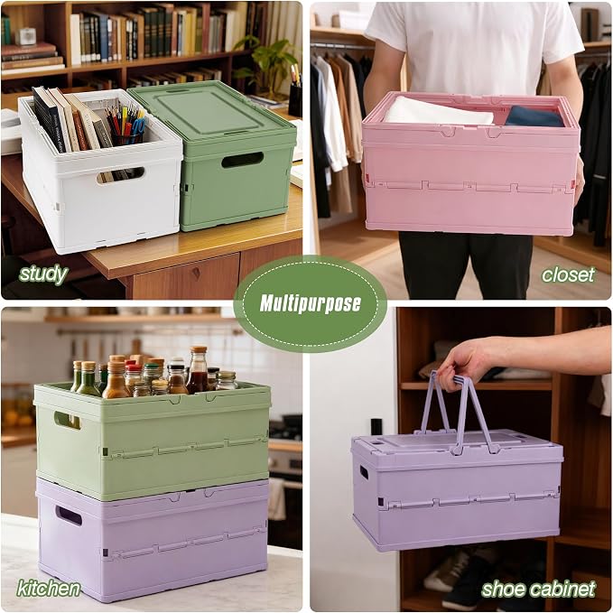 Collapsible Storage Crate, Foldable Plastic Basket with Lid and Handle, Foldable Storage Box Crate Bin for Home Kitchen Office Bathroom Bedroom Pantry (White, 2-Pack)