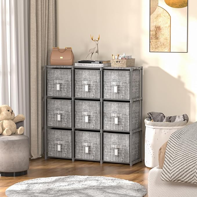 LUKYTOWER 9 Cube Closet Organizer with Beautiful Printed Drawers + Labels,Adjustable Modular Storage Shelf, Toy Cubby Organizer